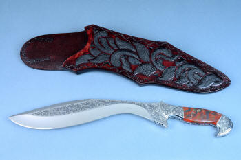 "Pallene" khukri, obverse side view in CPM154CM High molybdenum powder metal technology stainless tool steel blade, hand engraved, with hand-engraved 304 stainless steel bolsters, Brecciated Jasper gemstone  handle, hand-carved leather sheath inlaid with rayskin, hand-cast silicon bronze and Imbuya hardwood stand and Paradiso Classico Granite base