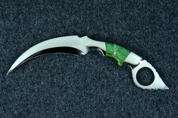 "Raptor" fine handmade custom karambit knife in T3 deep cryogenically treated ATS-34 high molybdenum martensitic stainless steel blade, 304 stainless steel bolsters, Budstone (Verdite) gemstone  handle, leather sheath inlaid with green rayskin