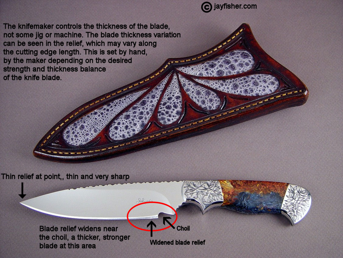 Blade relief widening at choil, denoting thicker blade and higher strength at this point
