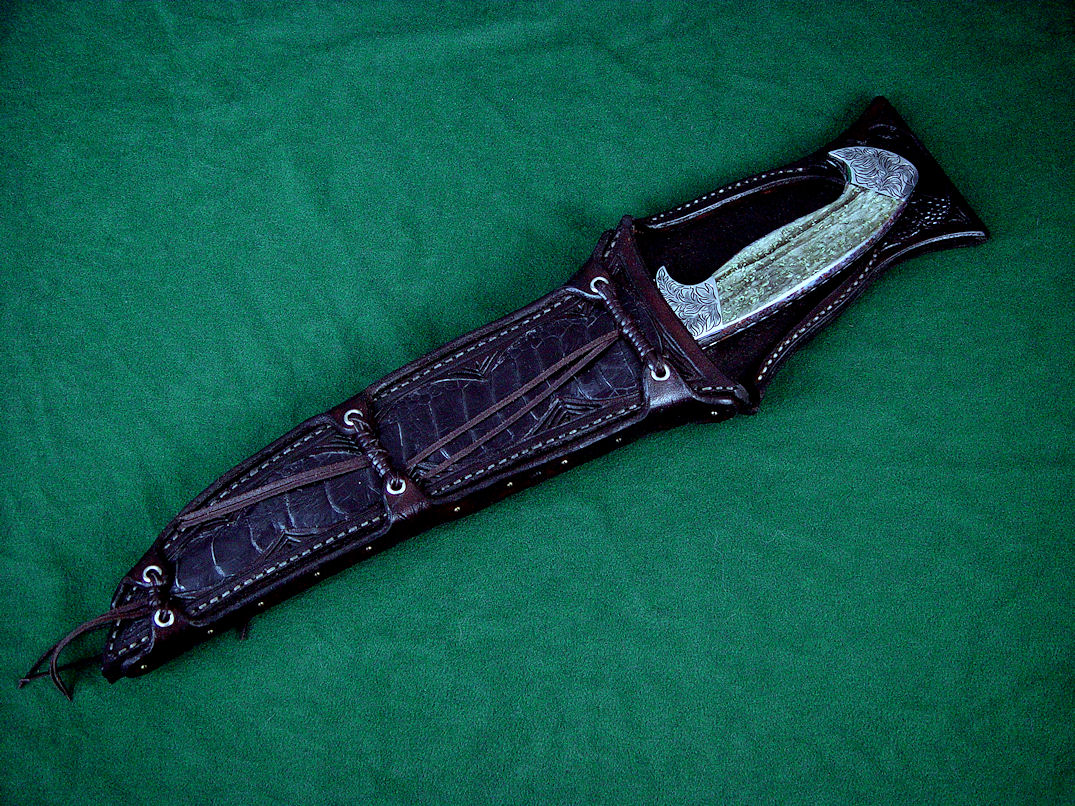 "Astarion" 440C stainless tool steel blade, hand-engraved 304 stainless steel bolsters, jade and agate gemstone handle, ostrich skin inlaid in hand-tooled leather sheath