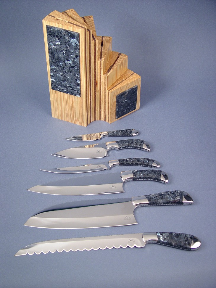 "Chef's Set" knives and block in 440C high chromium stainless steel blades, 304 stainless steel bolsters, Larvikite (Blue Pearl Granite) gemstone handles, block of Pecan, American Black Walnut, Blue Pearl Granite