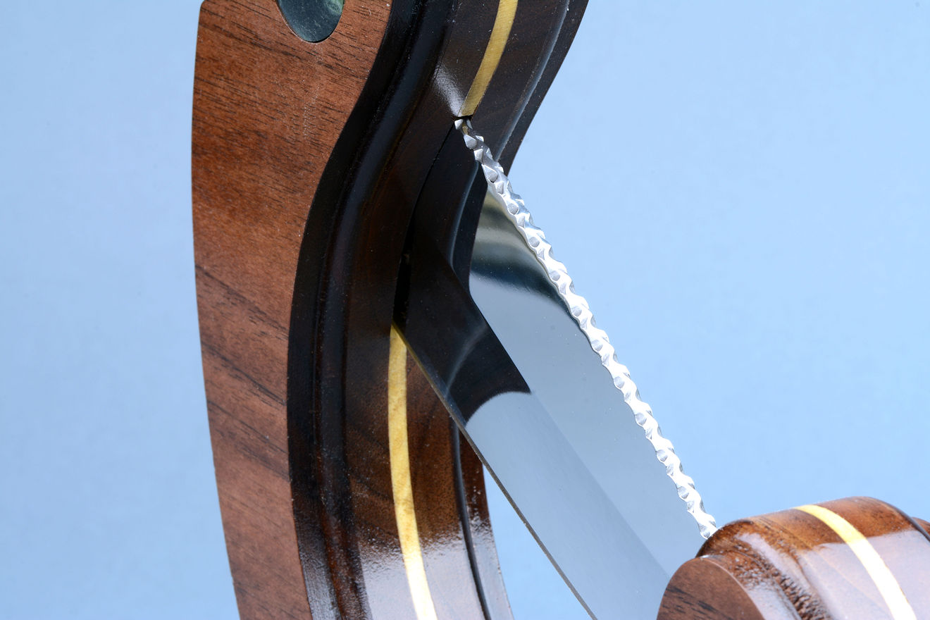 "Concordia" obverse side view in 440C high chromium stainless steel blade, 304 stainless steel bolsters, Nebula Stone gemstone handle, stand of American Black Walnut, Poplar, Nebula Stone, Baltic Brown granite