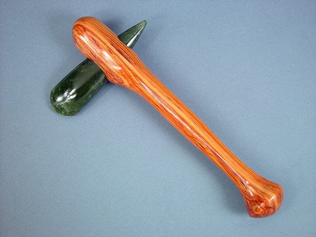 Petaloid celt in hand carved, polished nephrite jade gemstone and tulipwood hardwood