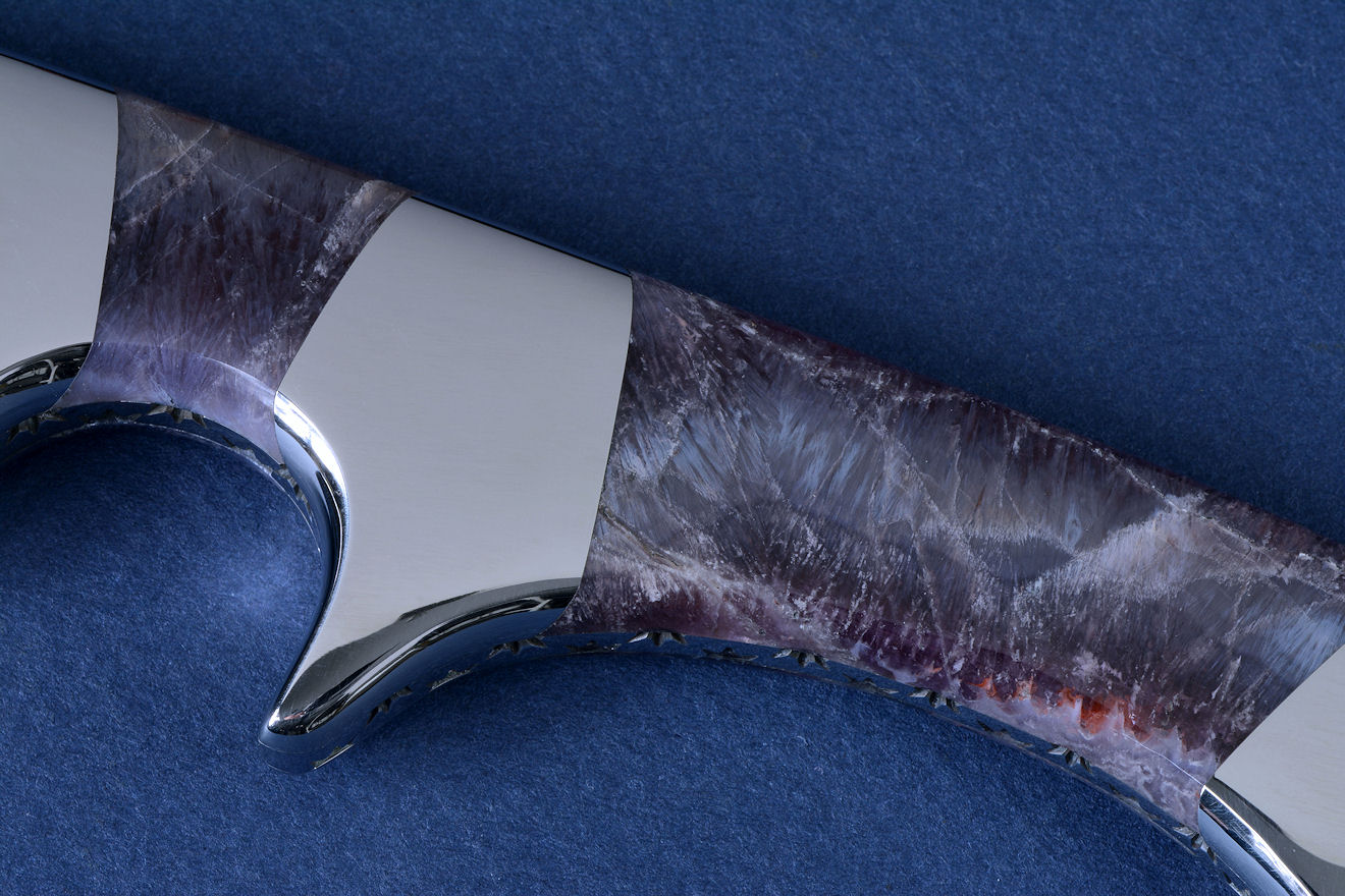 "Patriot" obverse side view in 440C high chromium stainless steel blade, 304 stainless steel bolsters, Lace Amethyst gemstone handle, shark skin inlaid in hand-carved leather sheath