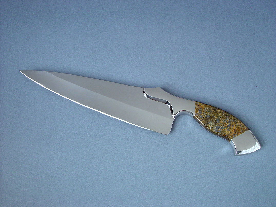 "Sirona" obverse side view in 440C high chromium stainless steel blade, 304 stainless steel bolsters, Bronzite Hypersthene gemstone handle