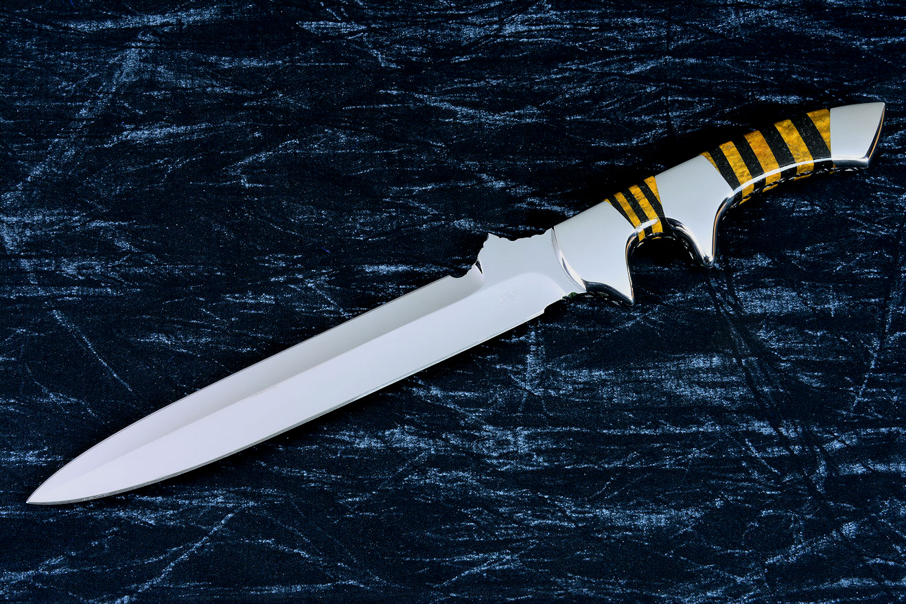 "Vespula" Fine Custom Knife, obverse side view  in T3 cryogenically treated 440C high chromum martensitic stainless steel blade, 304 austenitic stainless steel bolsters, handle of Black Onyx, Tiger Jasper Gemstones, sheath of Cocobolo Rosewood, African Padauk hardwood