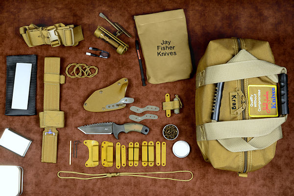 "Krag" tactical knife kit, complete, with UBLX, EXBLX, HULA, LIMA, diamond sharpener, leather sheath, sternum harness, lanyards, staps, clamps, hardware, and heavy ballistic nylon duffle