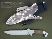 "Anzu" fine combat, tactical knife, obverse side view in CPMS30V high vanadium tool steel blade, 304 stainless steel bolsters, Tiger Stripe G10 fiberglass epoxy laminate composite handle, digi-camo desert kydex locking sheath with ultimate extender package and accessories