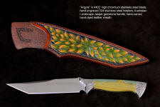 "Argyre" obverse side view in 440C high chromium stainless steel blade, 304 stainless steel hand-engraved bolsters, Australian Landscape Jasper gemstone handle, hand-carved, hand-dyed leather sheath