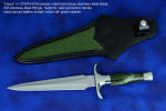 "Daqar" dagger, obverse side view in CPM154CM powder metal technology stainless steel blade, 304 stainless steel guard and pommel, Nephrite Jade gemstone handle, hand-carved leather sheath inlaid with rayskin