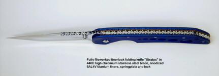 "Stratos" linerlock custom knife, edgework, filework details.