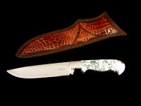 Aldebaran in ATS-34 blade steel, 304 stainless bolsters, Dendritic Agate Gemstone, Alligator Skin Sheath