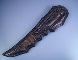 "Khensu" Sheath view, rear of sheath. Note large, diagonal panel inlays of beautiful lizard skin in rear of sheath and even on belt loop.