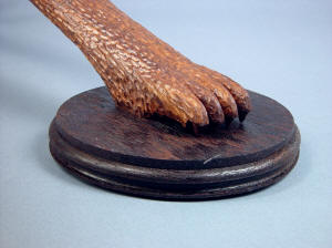 "Kochel" custom knife display stand foot detail. I chose wormy Wenge hardwood (note wormholes in base) because it's hard, dense, dark, and ancient looking, matching the style of the knife