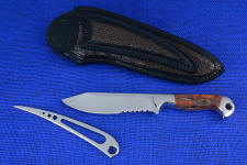 "Mariner" Sailor's Knife with "Seahawk" marlinspike, obverse side view in 440C high chromium martensitic stainless steel blade, T3 cyrogenic treatment, 304 stainless steel bolsters, Stone Canyon Jasper gemstone handle, hand-carved leather sheath inlaid with shark skin