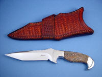 "Mercury Magnum" obverse side view: 440C stainless steel blade, 304 stainless steel bolsters, Red Leopard Skin Jasper gemstone handle, basket weave crossdraw leather sheath