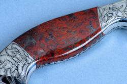 "Mesabi" custom knife sculpture in hand-cast bronze, 440C high chromium stainless steel blade, 304 hand-engraved stainless steel bolsters, Fossilized Stromatolite Chert gemstone