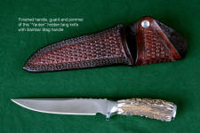 "Yarden" obverse side view in CPMS30V powder metal technology high vanadium tool steel blade, 304 stainless steel guard and pommel, Sambar Stag handle, hand-stamped heavy leather sheath