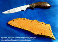 A beautiful Durango with Petrified Dinosaur Bone gemstone handle and custom etching with lizard sheath