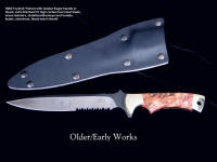 SWAT Hybrid knife, obverse side view in blued, satin finished O1 high carbon tungsten-vanadium tool steel blade, brass bolsters, stabiliized Buckeye burl handle, kydex, aluminum blued steel sheath