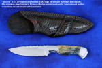 "Secora" fine handmade custom knife in T3 cryogenically treated 440C high chromium stainless steel blade, 304 stainless steel bolsters, Picasso Marble gemstone handle, hand-carved crossdraw leather sheath inlaid with Teju lizard skin