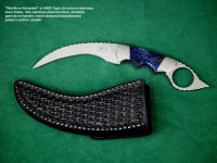 "Wardlow Kerambit" obverse side view in 440C high chromium stainless steel blade, 304 stainless steel bolsters, Sodalite gemstone handle, basketweaved leather sheath